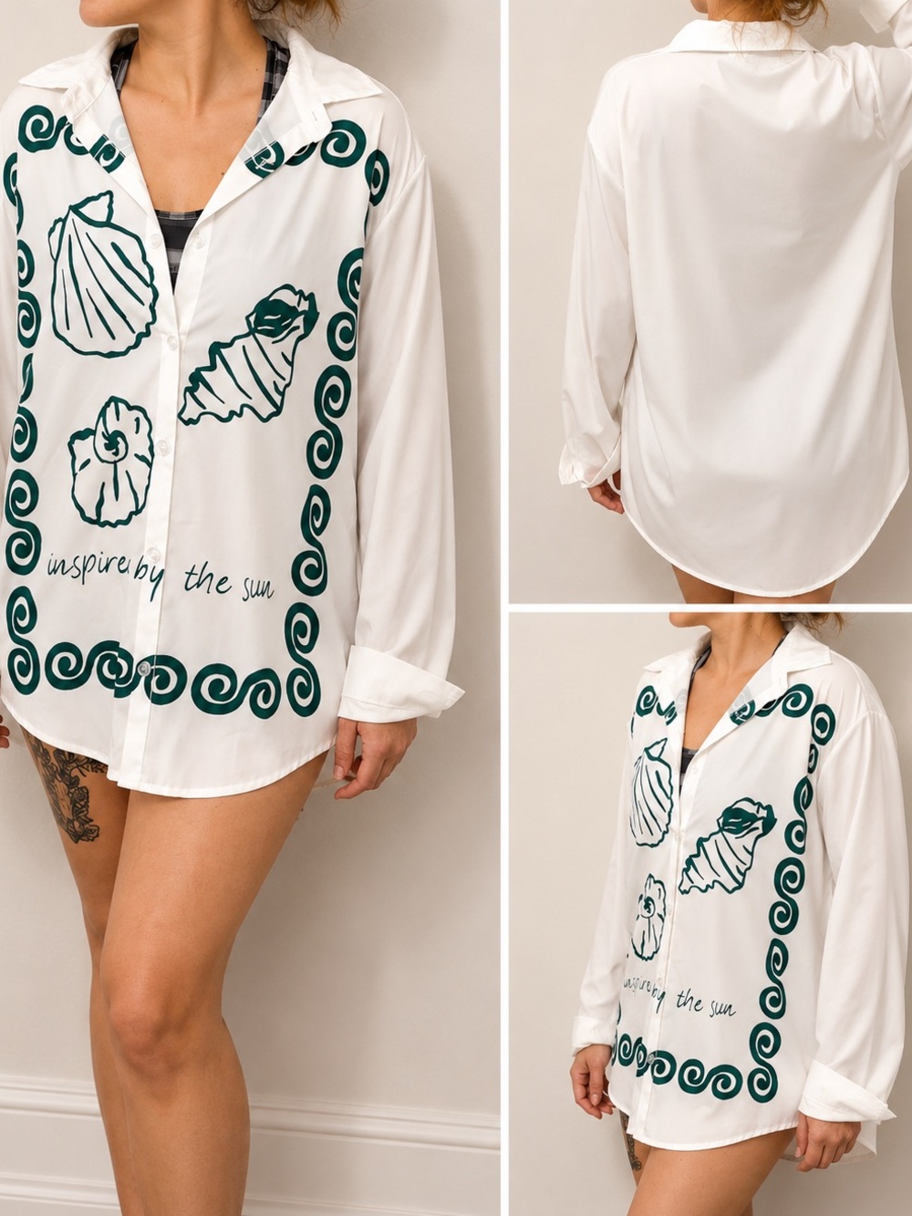 Source Unknown White Button-Front Swim Coverup with Green Shell Motif
